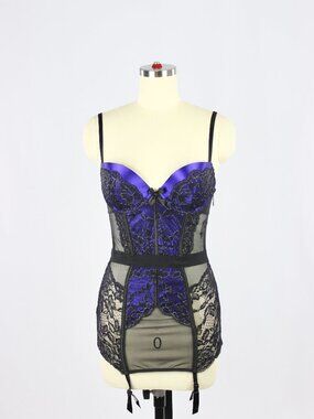 VICTORIA'S SECRET Black Mesh Lace Purple Satin Merry Widow Basque, Size 36B